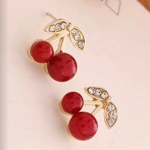 Cherry Earrings Gold Pl Pierced studs with CZ Gold pl leaves stainless steel NEW